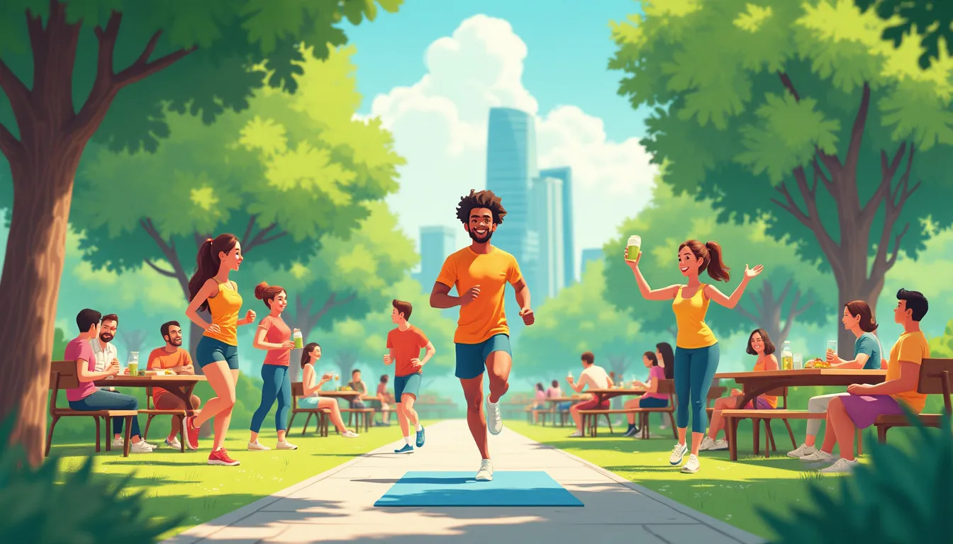 A vibrant scene depicting a diverse group of people engaging in various healthy activities. Some are jogging and yoga in a lush park, others are eating a b