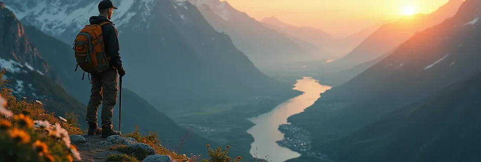 A serene mountain landscape at sunrise, with a lone hiker standing at the peak, overlooking a lush valley filled with wildflowers and a winding river below