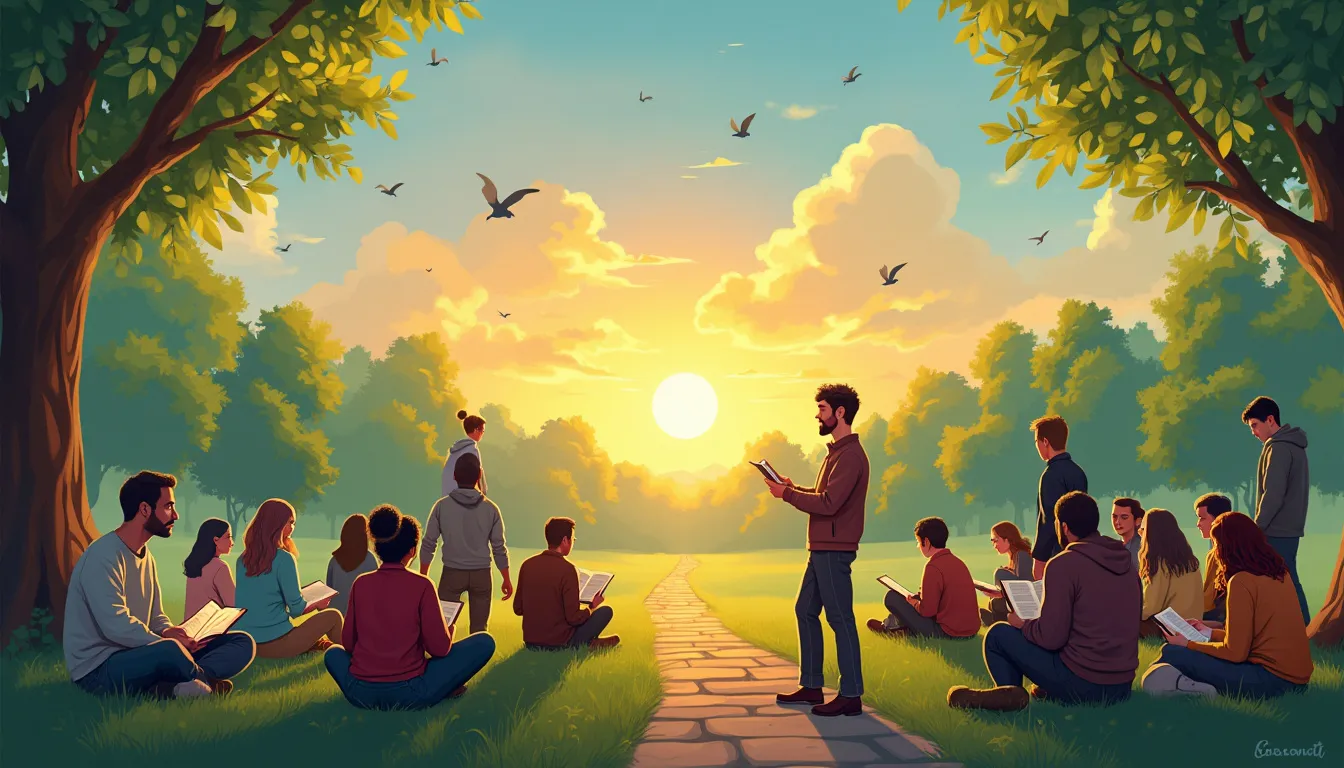 A diverse group of people from different backgrounds and ages gathered in a serene park, some engaged in deep conversations while others read books or medi