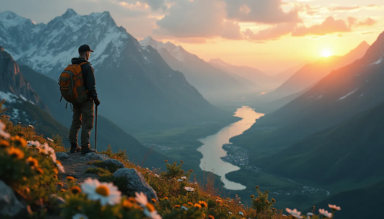 A serene mountain landscape at sunrise, with a lone hiker standing at the peak, overlooking a lush valley filled with wildflowers and a winding river below