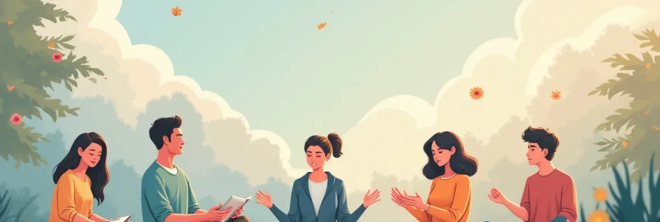 A visually calming and serene scene featuring a diverse group of people engaging in various self-care activities, such as meditation, journaling, exercisin