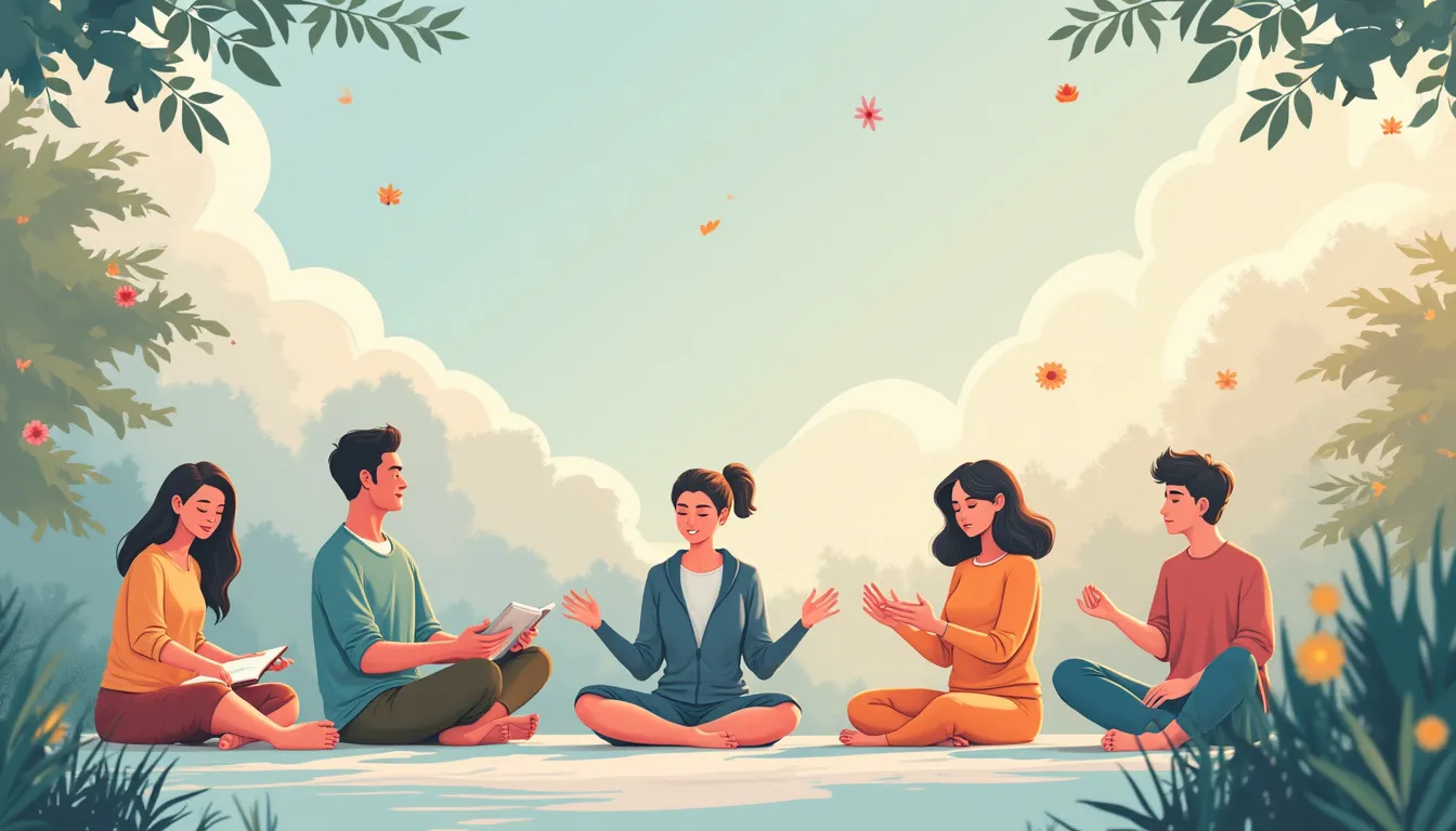 A visually calming and serene scene featuring a diverse group of people engaging in various self-care activities, such as meditation, journaling, exercisin