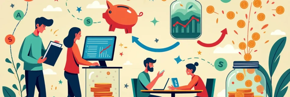 A colorful and vibrant illustration showcasing various money management strategies: a person budgeting with a planner, another investing in stocks via a co