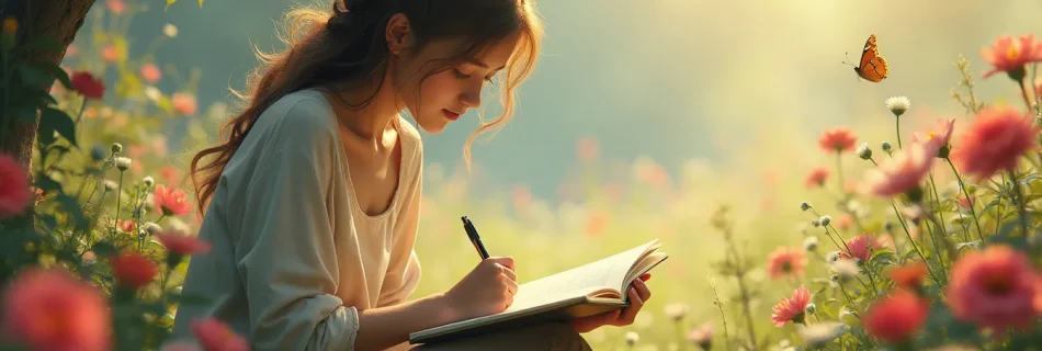 Create an image of a person sitting alone in a peaceful garden, writing in a notebook. The scene is serene, with flowers blooming and butterflies flutterin