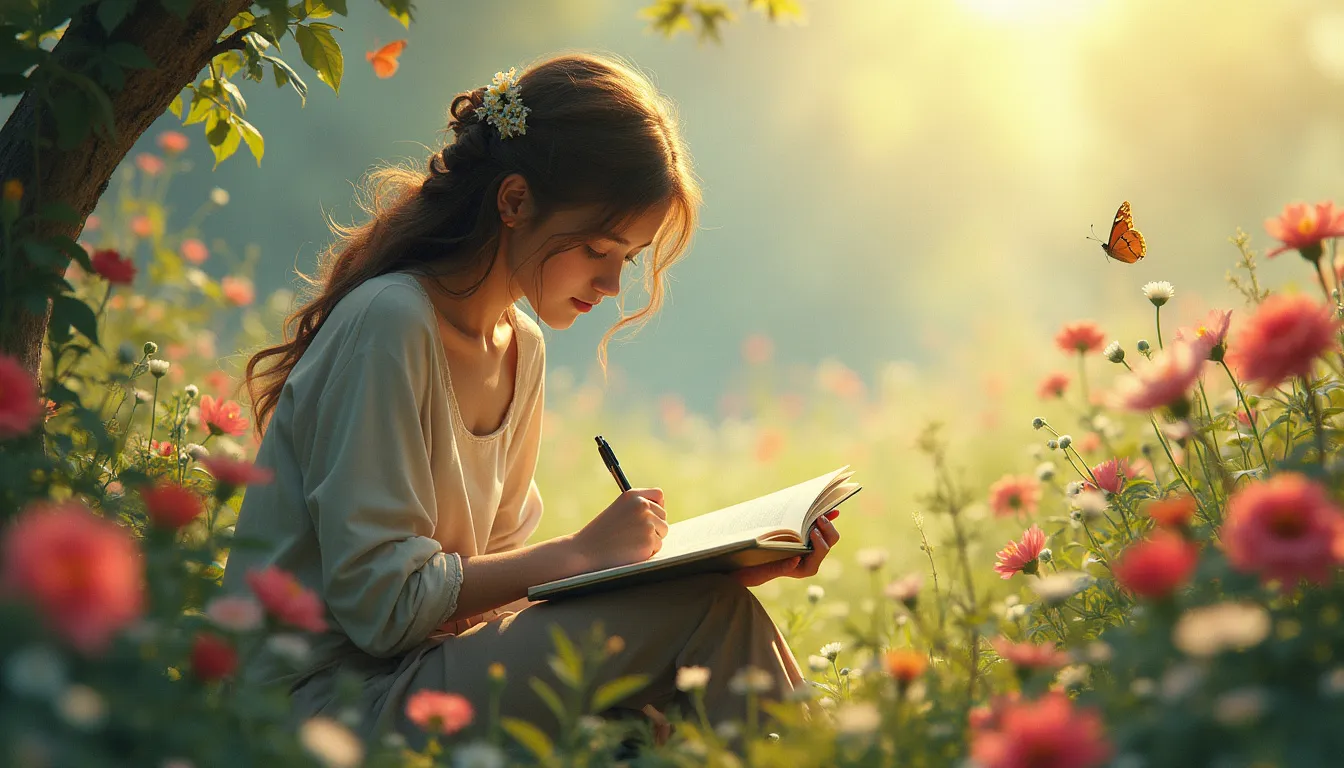 Create an image of a person sitting alone in a peaceful garden, writing in a notebook. The scene is serene, with flowers blooming and butterflies flutterin