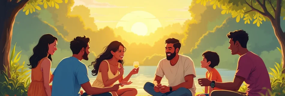 A vibrant illustration of a diverse group of people enjoying a sunset picnic in a lush park, engaging in warm conversations, laughter, and meaningful conne