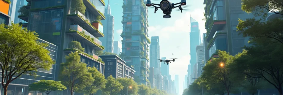 Create an image of a futuristic cityscape with advanced technology such as flying cars, towering skyscrapers with vertical gardens, drones delivering packa