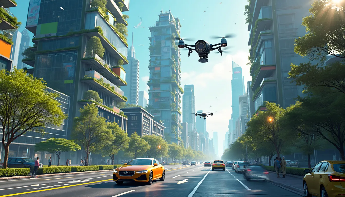 Create an image of a futuristic cityscape with advanced technology such as flying cars, towering skyscrapers with vertical gardens, drones delivering packa